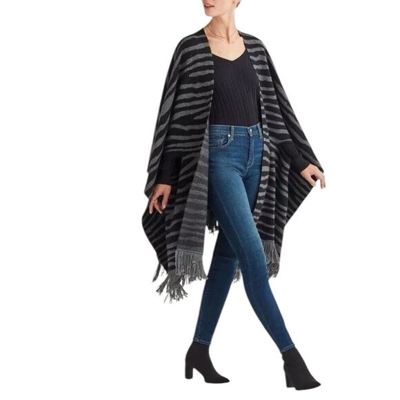7 For All Mankind Wrap Grey‎ Cashmere Wool Animal Print Striped Shawl Luxury Mob - Picture 1 of 4